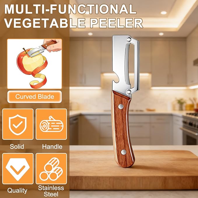 2PCS Premium Vegetable Peeler with Wooden Handle and Bottle Opener, Multifunctional Vegetable Peeler, 2-In-1 Stainless Steel Blade Peeler Knife for Potato Fruit Pineapple Pumpkin Papaya Carrot (A)