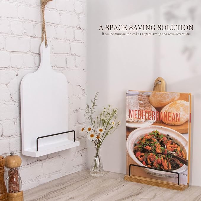 PUERSI Cook Book Stand for Kitchen Counter, Wooden Cookbook Holder, Adjustable Recipe Book Holder - White