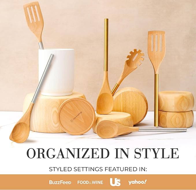 STYLED SETTINGS White Ceramic Utensil Holder with Built-In Wooden Spoon Rest –2PC Set for Kitchen Countertop Organization – Ceramic Utensil Crock & Wood Spoon Rest for Clean, Stylish Cooking