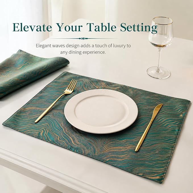 Green Placemats Set of 6, 12x18 Inch Modern Jacquard Woven Place Mats, Double Sided Reversible Non Slip Table Mats, Fade Resistant Irregular Woven Texture Dining Table Decor for Kitchen