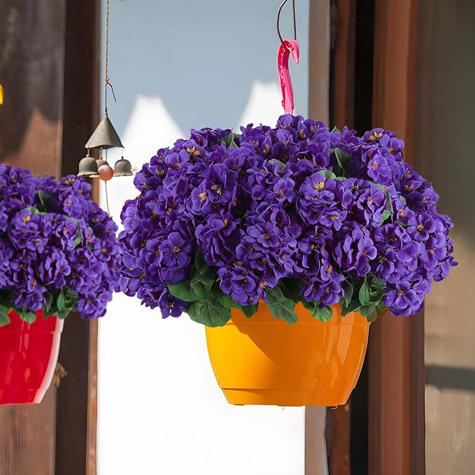 Hananona Artificial Geranium Flowers for Outdoors Geranium Silk Flowers Outdoor UV Resistant Garden Plants Faux Flowers for Home Kitchen Table Centerpieces Decor (6, Purple)