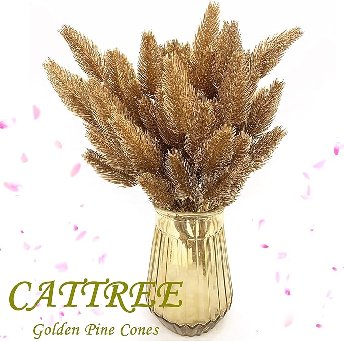 CATTREE Artificial Gold Plants Plastic Fake Grass Faux Shrubs Simulation Bushes Home Indoor Outdoor Garden Leaves Wedding Festival Decoration Hall Table Planter Filler – Golden Pine Cones 4 Pack