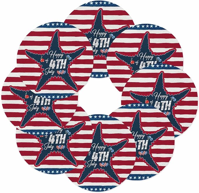 4th of July Round Placemats Set of 8 Happy 4th of July Place Mats Independence Day Woven Placemat Red White Blue Starfish Star Stripes Circle Braided Table Mat for Kitchen Dining Table Party 15 Inch