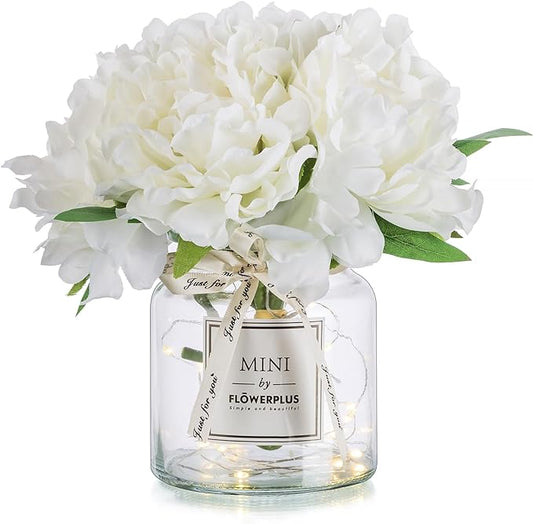 BLOSMON Fake Flowers in Vase for Table: White Artificial Hydrangea with Glass Vase LED Light for Centerpieces Decor - Small Faux Arrangements Desk Vanity Bathroom Office Decoration