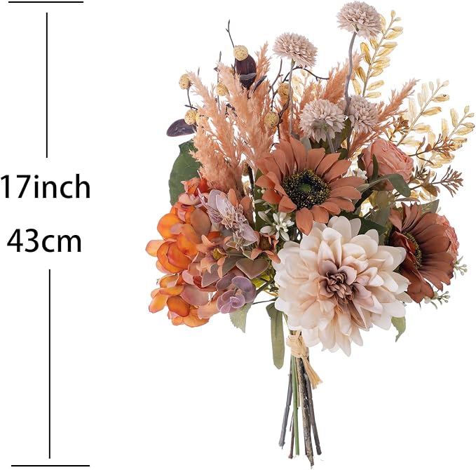 17-inch Artificial Fake Faux Flowers Silk Flower Arrangements Bouquets with Dandelions, Dahlias, Hydrangeas, Sunflowers, Roses, Astilbes and Shooting Star Branches(Autumn Haze)