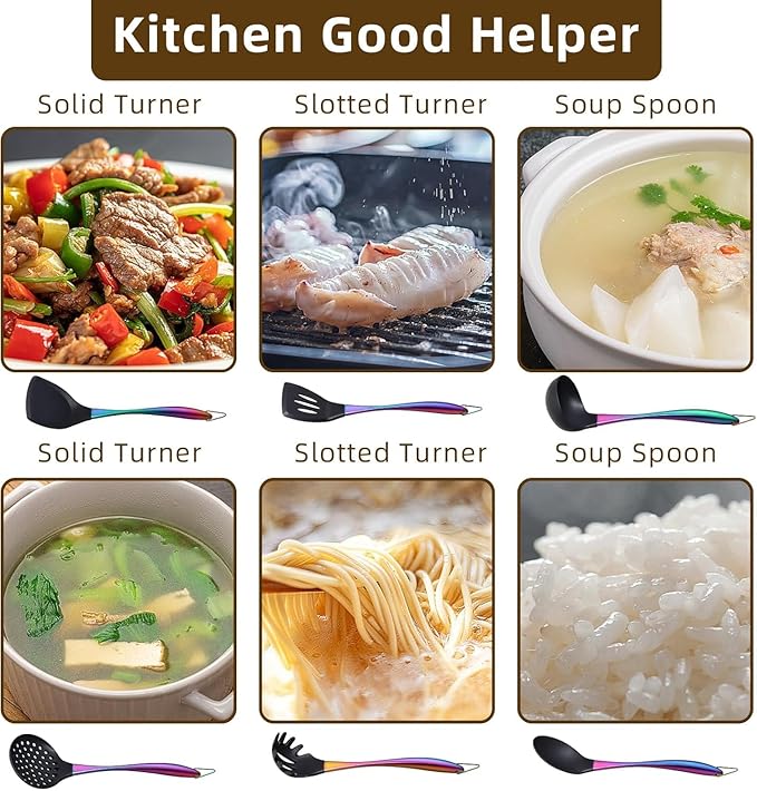 Silicone Cooking Utensil Set,6 pcs Silicone Cooking Kitchen Utensils Set,Non-stick Kitchen Cookware Titanium Stainless Steel Handle with Utensil Holder,Spatula Set for Cooking-Rainbow Color