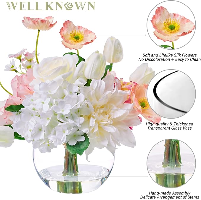Artificial Flowers in Vase for Seasonal Decor, Mixed White Tulips & Pink Silk Fake Flowers Bouquet Arrangements in Glass Vase with Fake Water for Spring Home Office Hotel Wedding Party Table Decor