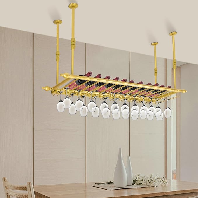Hanging Wine Rack 47" Wall Mounted Wine Glass Rack Ceiling Adjustable Hanging Bar Glass Holder Shelves for Kitchen Bar Restaurants Industrial Iron Storage Shelf