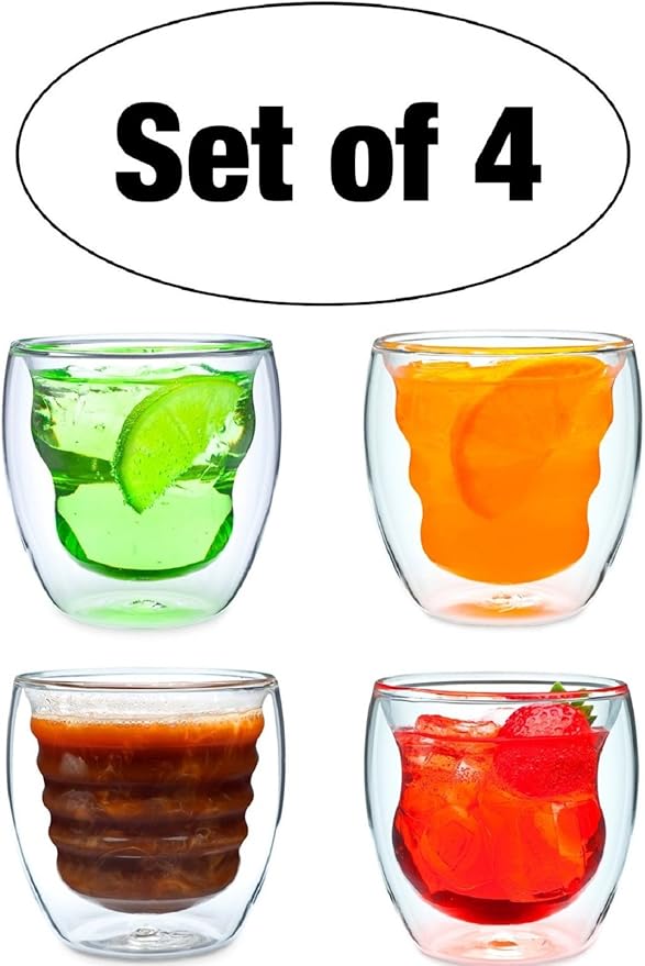 Curva Artisan Series Double Wall Beverage Glasses and Tumblers – Set of 4 Unique 8 oz Thermo Insulated Drinking Glasses