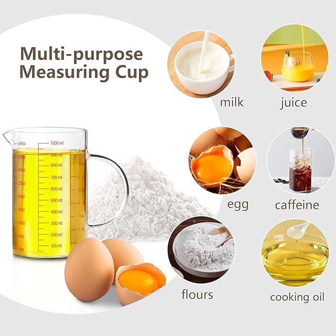 WhiteRhino Glass Measuring Cup,4Cup/1000ml/32oz Liquid Measuring Cups, Measuring Cup With Handle and V-Shaped Spout, Glass Beaker with Three Scales (OZ, Cup, ML), Dishwasher/Freezer/Microwave Safe