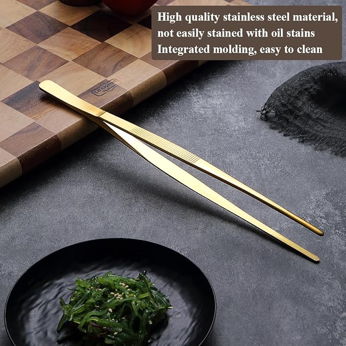 Berglander Kitchen Tweezers Tongs 2pcs, 12" Extra-Long Titanium Gold Plating Stainless Steel Metal Heavy Duty Cooking Tweezers for Chef, Serving Food, Grill, Culinary, Pasta, Salad, BBQ