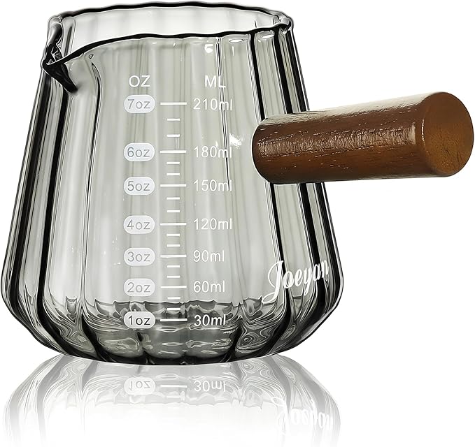Joeyan 7 oz Espresso Cups, Glass Measuring Cup, Espresso Shot Cup with Spout and Wood Handle, Gray Espresso Shot Glass, Ribbed Milk Frothing Pitcher, Espresso Machine Coffee Bar Accessories