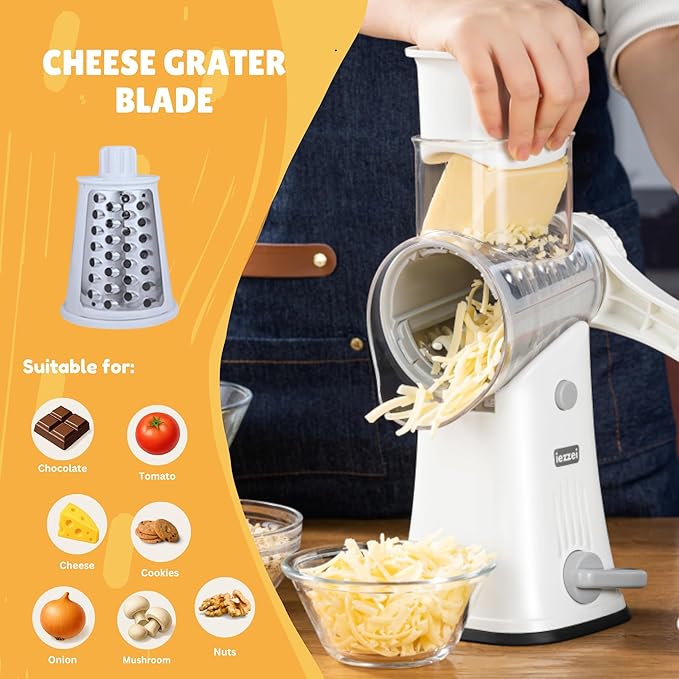 Rotary Cheese Grater - Vegetable Slicer Hand Crank, Fruit Cutter, Carrot Shredder, Nuts Grinder with 5 Stainless Steel Blades - Safe & Strong Suction Base with Handle