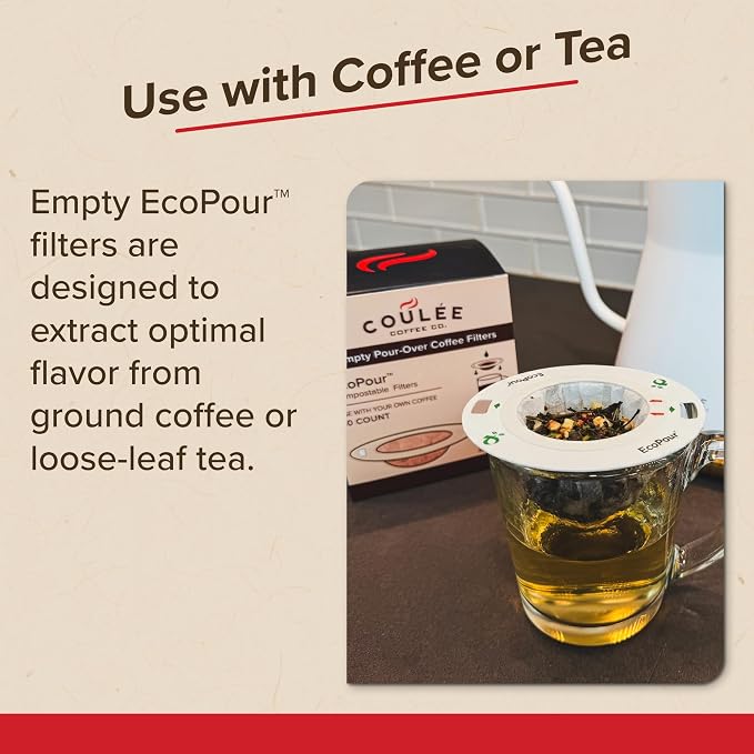 EcoPour Empty Coffee Filters, Compostable All Paper Single-Serve Pour Over Filters for Coffee or Tea, Portable & EcoFriendly, 50 Pack | camping-coffee-and-tea-pots