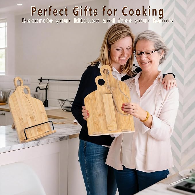 Adjustable Wooden Cookbook Stand for Kitchen Counter - Foldable & Space Saving Recipe Book Holder, Multi-Angle Reading Rack for Cookbooks, Phones, Tablets