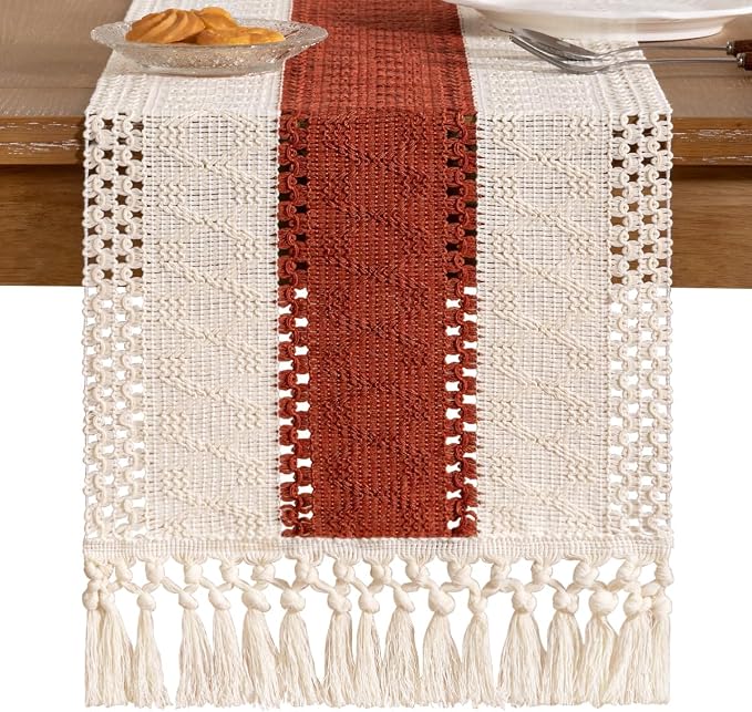 Socomi Boho Table Runner Summer Farmhouse Woven Cotton Linen Rustic Table Runner with Tassels for Dresser Scarf Home Decor Dining Room 12x90 inch Terracotta Ivory