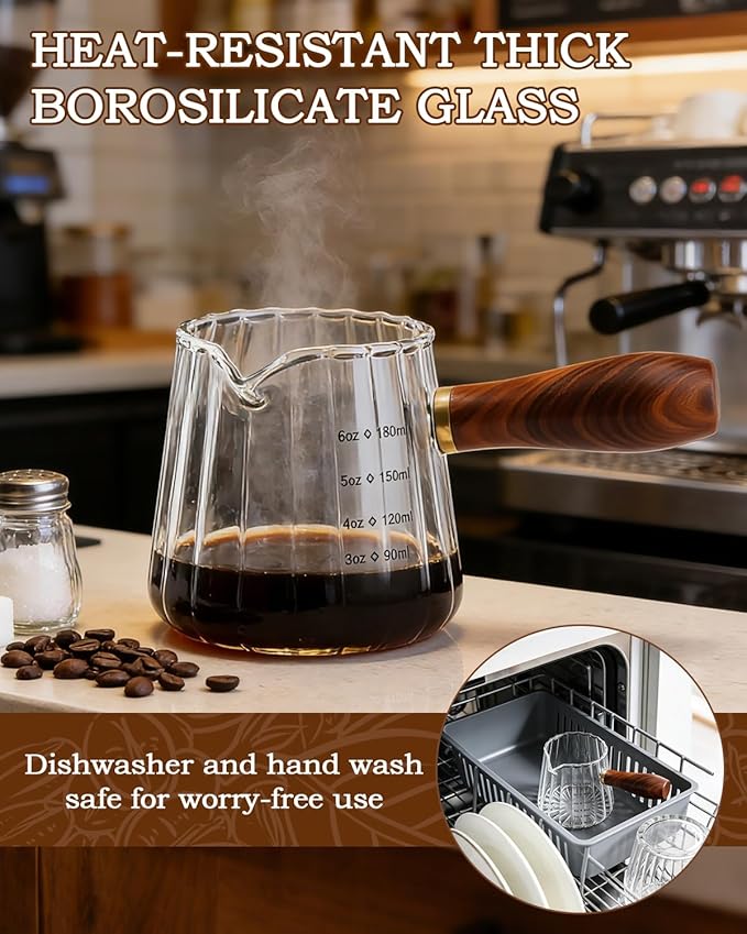 Espresso Measuring Cup, 6oz Borosilicate Glass Espresso Cups with Wood Handle (2.71in Long Grip), V-Shaped Spout Ribbed Milk Frothing Cup for Coffee, Latte, Tea, Syrup – Dishwasher Safe