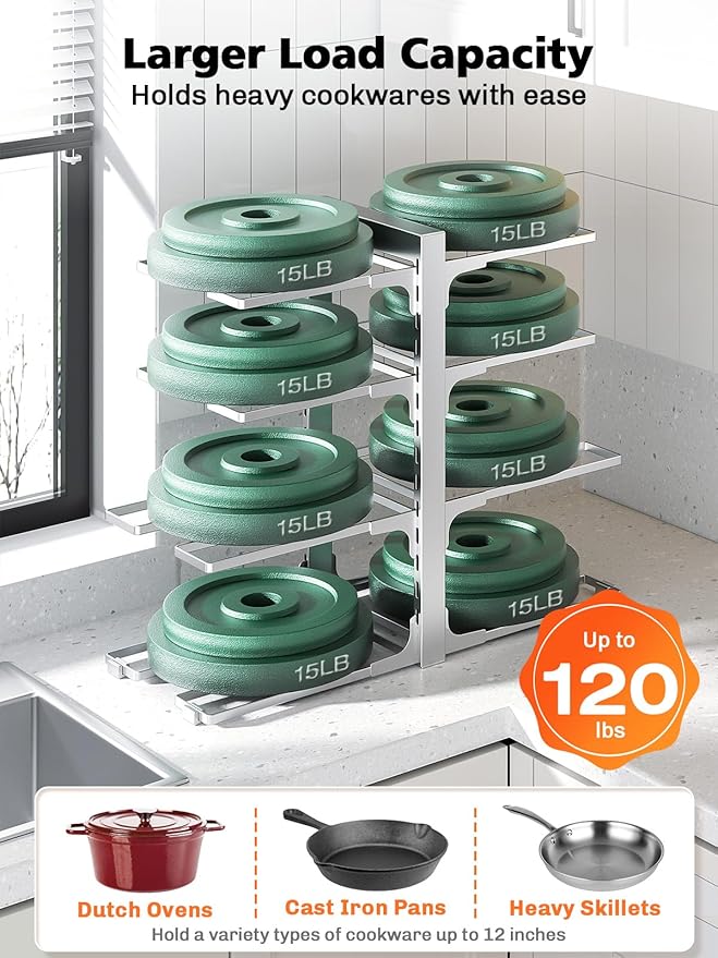 MUDEELA 8-Tier Pots and Pans Organizer under Cabinet, 15.83" Height Heavy Duty Pot Pan Organizer Kitchen Cabinet Organization and Storage, Adjustable Pot Rack for Frying Pan, Cast Iron Skillet, Sliver