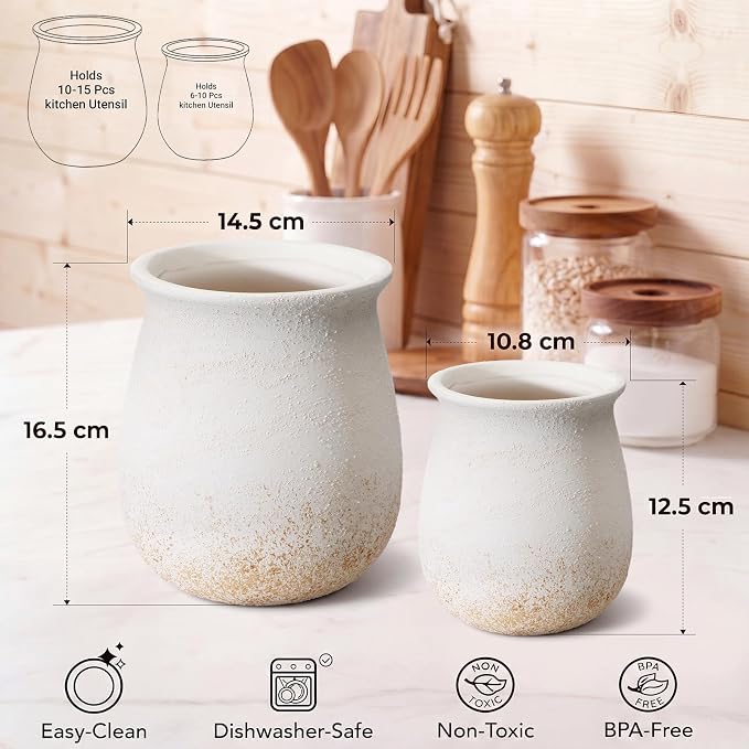 Qinyoung Set of 2 Rustic Kitchen Utensil Holder for Countertop, 6.5"+4.9" Ceramic Farmhouse Cooking Utensil Crock, Boho Decorative Jar for Kitchen Decor, Vintage Tool Organizer for Spoons, Spatulas