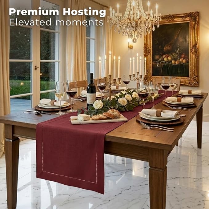 Signature Linen™ by D'Moksha Red Garnet Table Runner 108 Inches Long, 100% Pure Linen, Hemstitch, 14 x 108 Inch Table Runner for Dresser, Dining- Summer, Father's Day