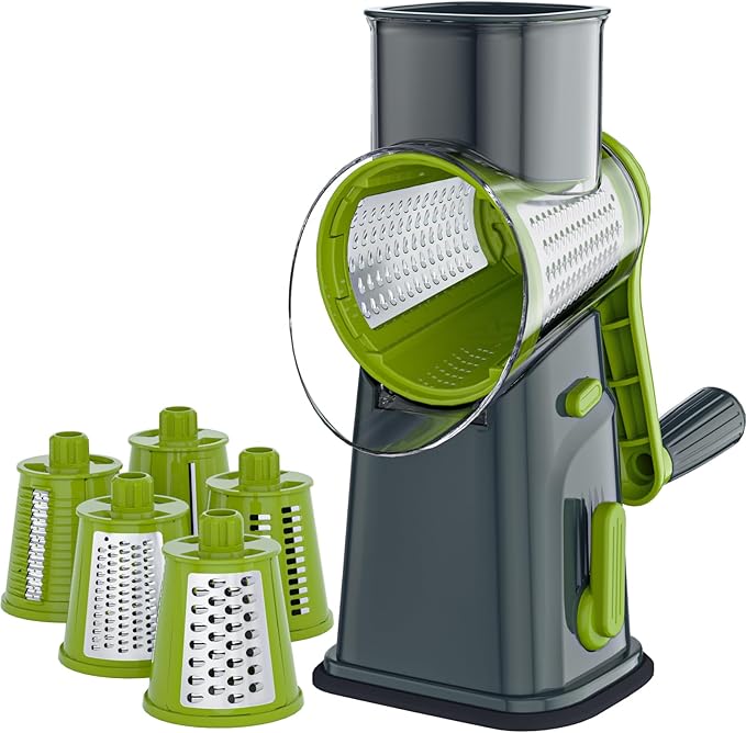 Ourokhome Rotary Cheese Grater Cheese Shredder with 5 Interchangeable Blades, Rotary Grater with Non-slip Suction Base Hand Crank Slicer for Vegetable Nuts Grey