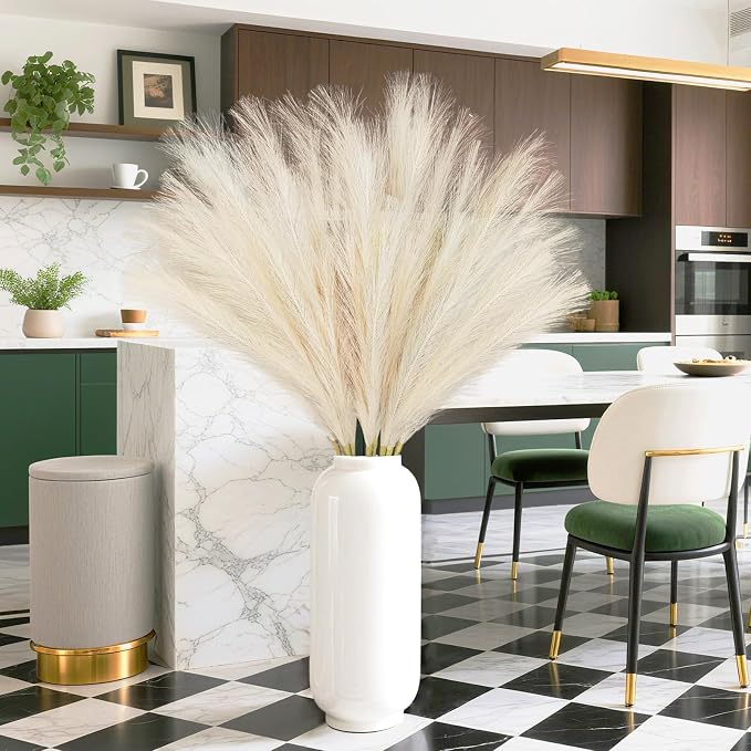 TORONTOKYO 8Pcs Beige Faux Pampas Grass Tall Decor, 35.4” Fluffy Artificial Pompous Grass Branches, Large Pampas Grass Reed Stems for Floor Vase Filler, Wedding, Baby Shower, Home Boho Decor