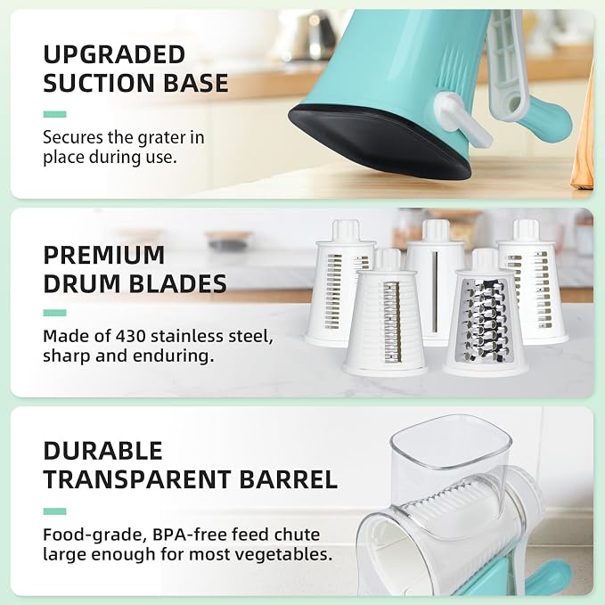 5 in 1 Rotary Cheese Grater, Manual Hand Crank Cheese Grater With Reinforced Suction & 5 Interchangeable Blades, Multifunctional Cheese Shredder, Easy to Use and Clean, Blue