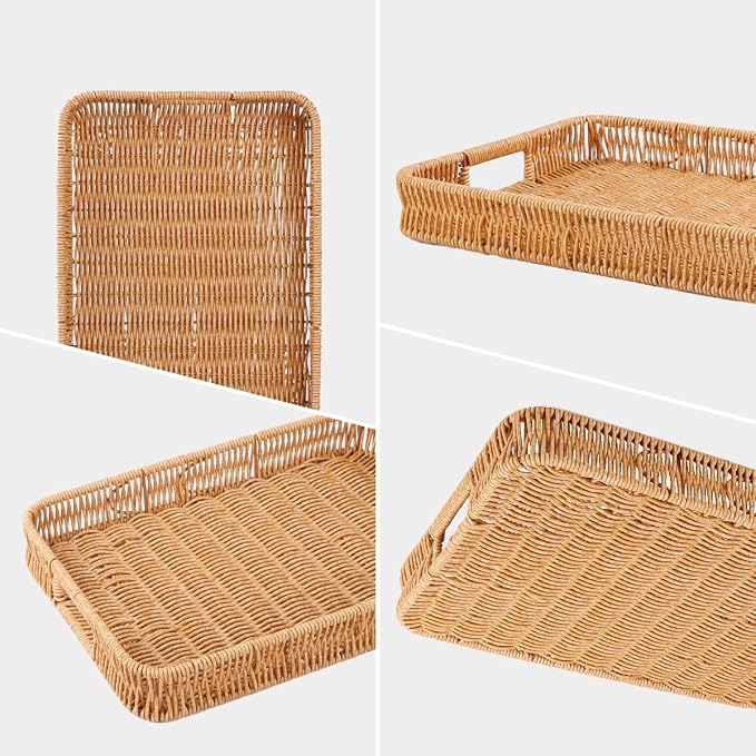 3pcs Rectangular Serving Tray with Handles, Decorative Wicker Organizer Baskets Storage Tray for Coffee Table, Bread, Fruit, Snacks, Table Centerpiece Decor