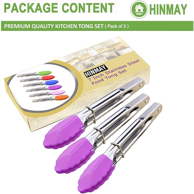 HINMAY 7-Inch Stainless Steel Tongs with Silicone Tips Locking Metal Food Tongs, Set of 3 (Purple)