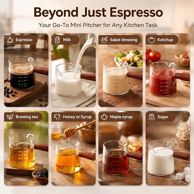 5oz Espresso Cups Set of 2, Double Spout Clear Borosilicate Glass with Anti-Scalding Wooden Handle, Heat Resistant Small Glass Mug for Double Shot Espresso, Latte, Cappuccino, Coffee Accessories
