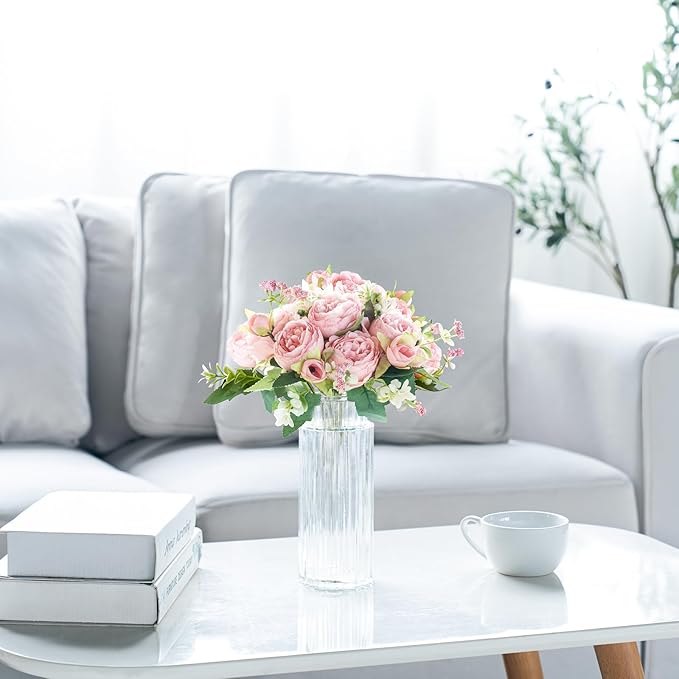 Mkono Peonies Artificial Flowers, Small Silk Flowers for Home Decor Indoor Fake Bouquet Faux Floral Arrangements Dining Table Centerpieces for Kitchen Party Decor Pink