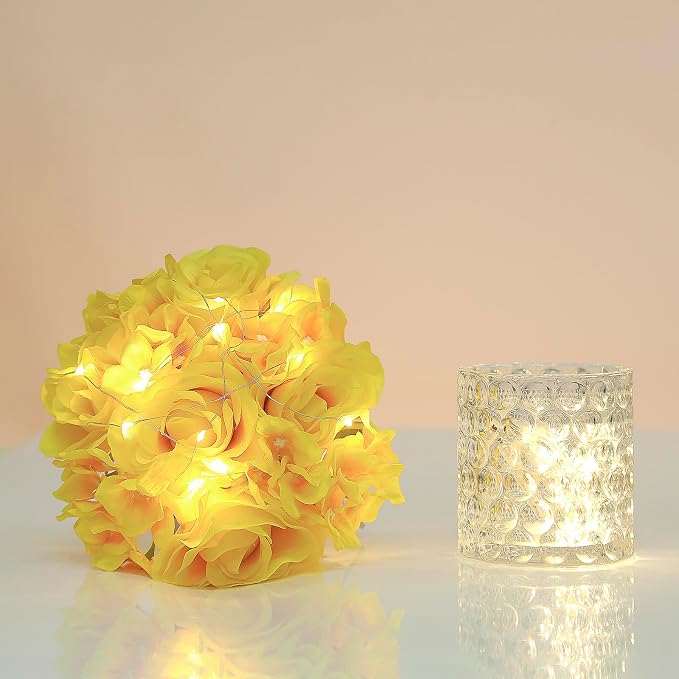 Rose Silk Flower Arrangement Artificial Vivid Rose in Glass Vase with LED Light Elegant Centerpiece for Home Wedding Bathroom Table Shelf Decoration (Yellow)