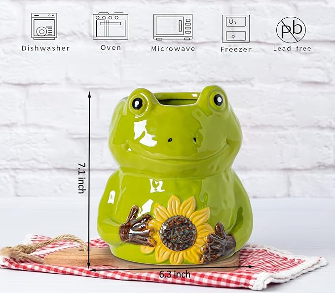 dgudgu Frog Shaped Cermaic Utensil Holder For Kitchen Counter Ceramc Utensil Crock Countertip Large Size Green Frog Embracing Sunflower Decorative Design Kitchen Canister Decor