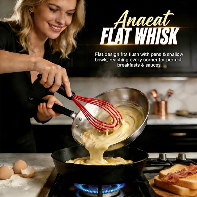 Anaeat Silicone Kitchen Whisk Set of 4, Perfect for Non-Stick Cookware, Milk and Egg Beater Blender for Whisking, Cooking, Baking, Beating - 11'' Flat Whisk and 9''+11''+12'' Balloon Whisks (Red)