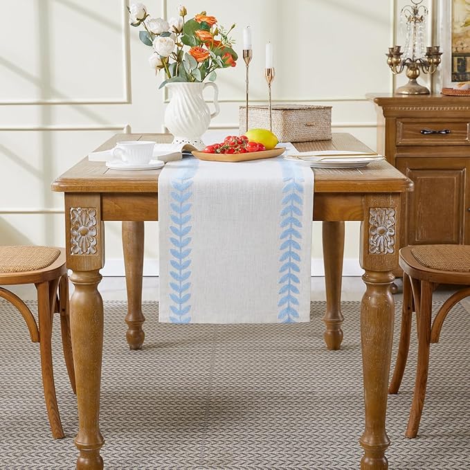 Wracra Embroidered Table Runner Irregular Willow Leaf Table Runners 90 Inches Long for Dresser Home Dining Table Decor,14 x 90 Inch, Blue