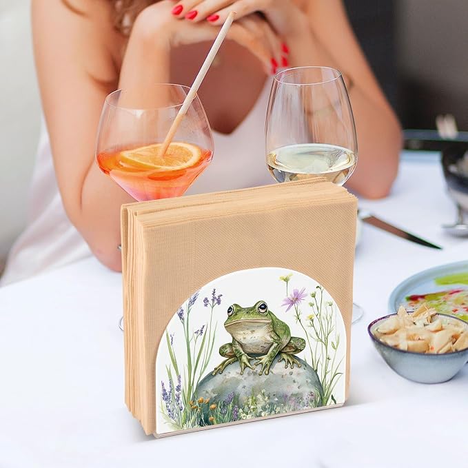 Fustylead Rustic Frog with Lavender and Pink Floral Napkin Holder for Table Acrylic Cocktail Napkin Holders Small Decorative Napkin Dispenser for Home Party Holiday Dining Kitchen Accessories, 2 PC