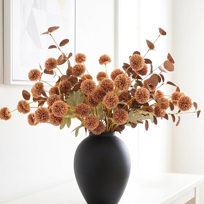 RyddeligHome Brown Mums Artificial Flowers, 10 Faux Mum Stems with 2 Eucalyptus Branches, Realistic Fall & Winter Floral Arrangement for Vases, Brown Centerpieces for Tables
