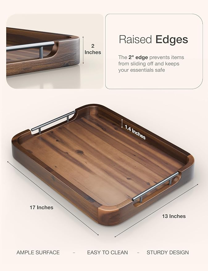 TIDITA Ottoman Tray for Living Room – 17"x13" Rectangle Serving Tray with Handles – Acacia Wooden Tray for Coffee Table, Living Room, Breakfast in Bed – Decorative Trays for Ottoman (Walnut Color)