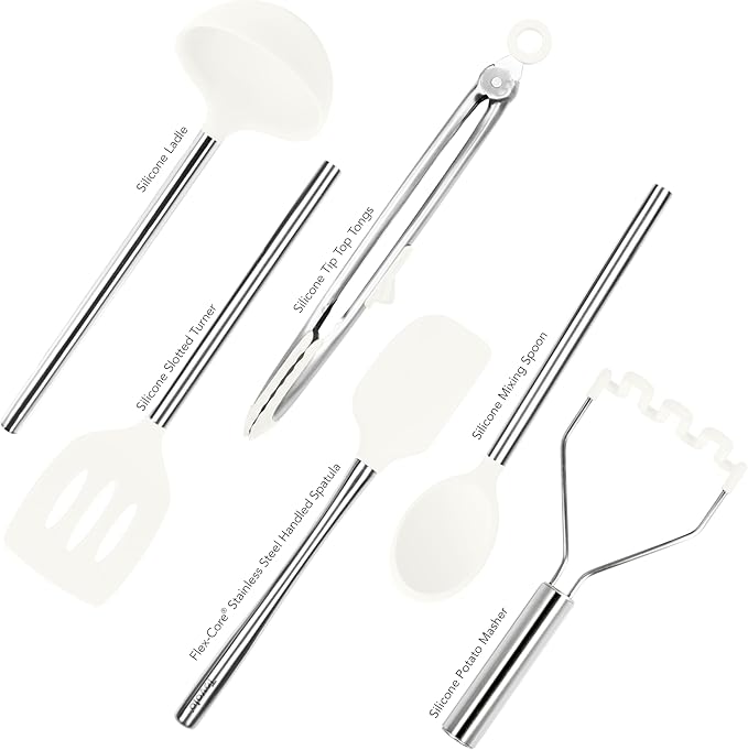 Tovolo Silicone Cooking Utensil Set of 6 Stainless Steel Handle Ladle Slotted Turner Tongs Flex Core Spatula Scraper Mixing Spoon & Potato Masher, Dishwasher Safe BPA Free Utensils, White