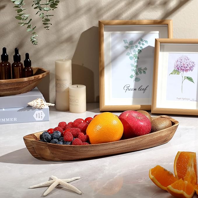 Lucky Boat Serving Tray, Acacia Solid Wood Interesting Shape Plate for Serving Desserts, Fruit, Snack and House Ornament,Key Tray,Functional and Storage Decorative Bowl。(L)