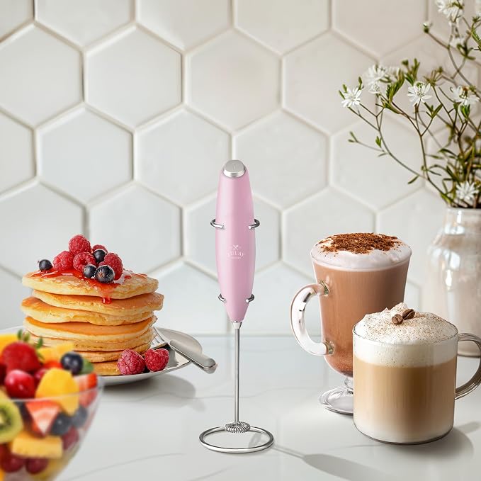 Zulay Powerful Milk Frother for Coffee with Upgraded Titanium Motor - Handheld Electric Whisk, Milk Foamer, Mini Mixer & Coffee Blender for Frappe, Latte, Matcha, No Stand - Innocent Pink
