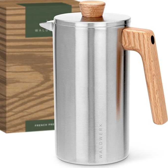 WALDWERK French Press (34 oz) - Non-Toxic Stainless Steel Double Wall French Press Coffee Maker - Plastic Free Coffee Press with Oak Wood Handle - No Plastic