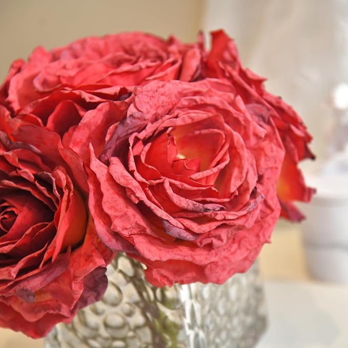 Artificial Rose in Glass Vase Vintage Silk Flower Arrangement with LED Light for Table Centerpiece Home Wedding Decoration (Red)