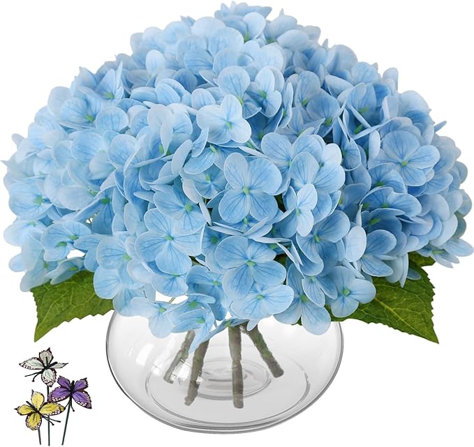 Leftover Hydrangea Artificial Flowers with Vase,Blue Real Touch Hydrangea Flowers with Butterfly,Faux Hydrangea Flowers for Floral Centerpieces for Tables,Home Decor,Wedding Decor,Coffee Table Decor