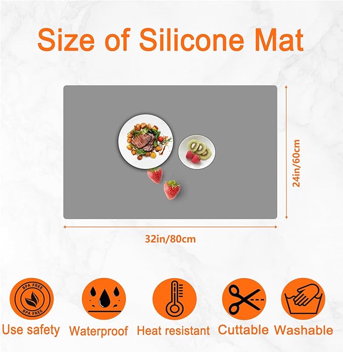 32''x24''(80cmx60cm) Large Silicone Mat for Kitchen Counter, Heat Resistant Countertop Protector, Non-Slip Waterproof Kitchen Island Mat, Easy to Clean, Black
