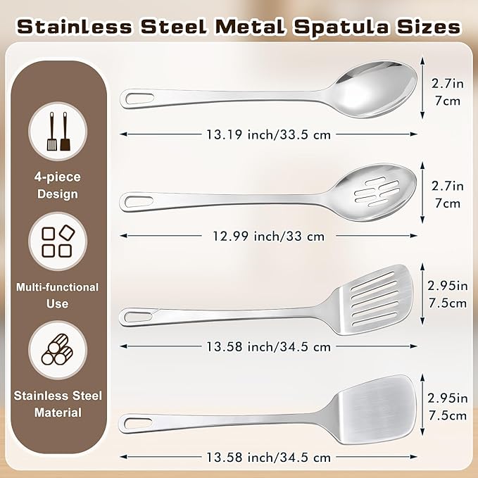 4 Pcs Cooking Utensils Set, Stainless Steel Kitchen Utensils, Heat Resistant Metal Kitchen Tools Include Slotted Turner Wok Spatula, Solid & Slotted Serving Spoon, Ladle, Easy to Clean, Silver