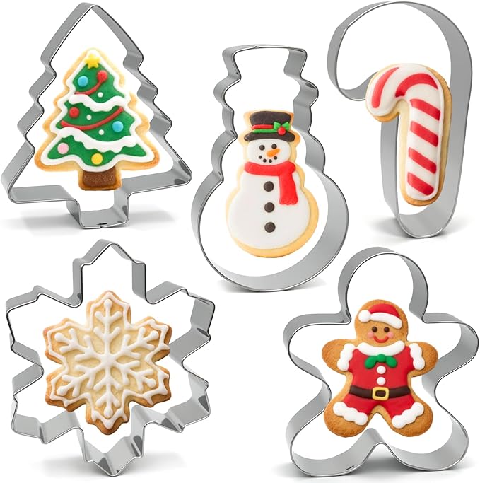 Christmas Cookie Cutters Large - 5 Pieces - Gingerbread Man, Christmas Tree, Snowflake, Snowman, Candy Cane Shapes, Stainless Steel Biscuit Cutter Molds Set for Winter Holiday Baking