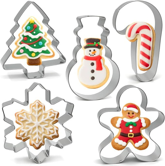 Christmas Cookie Cutters Large - 5 Pieces - Gingerbread Man, Christmas Tree, Snowflake, Snowman, Candy Cane Shapes, Stainless Steel Biscuit Cutter Molds Set for Winter Holiday Baking