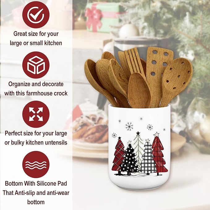 JarThenaAMCS Christmas Ceramic Utensil Holder Red Black White Plaid Xmas Tree Utensil Crock for Winter Home Kitchen Countertop Storage Organizer Container