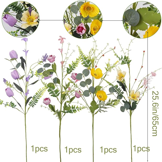CISDUEO 4 Pcs Wildflowers Artificial Flowers Daisies Roses and Poppies Faux Wildflowers Summer Flowers Artificial for Decoration Spring Silk Floral Arrangement Wedding Party Table Centerpieces Home